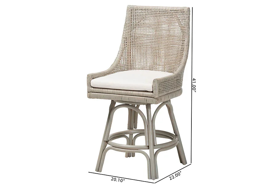 bali & pari Bella Swivel Rattan Counter Stool with Cushion - Handwoven Wicker Kitchen Island Seating with Backrest and Footrest, French Grey FredCo