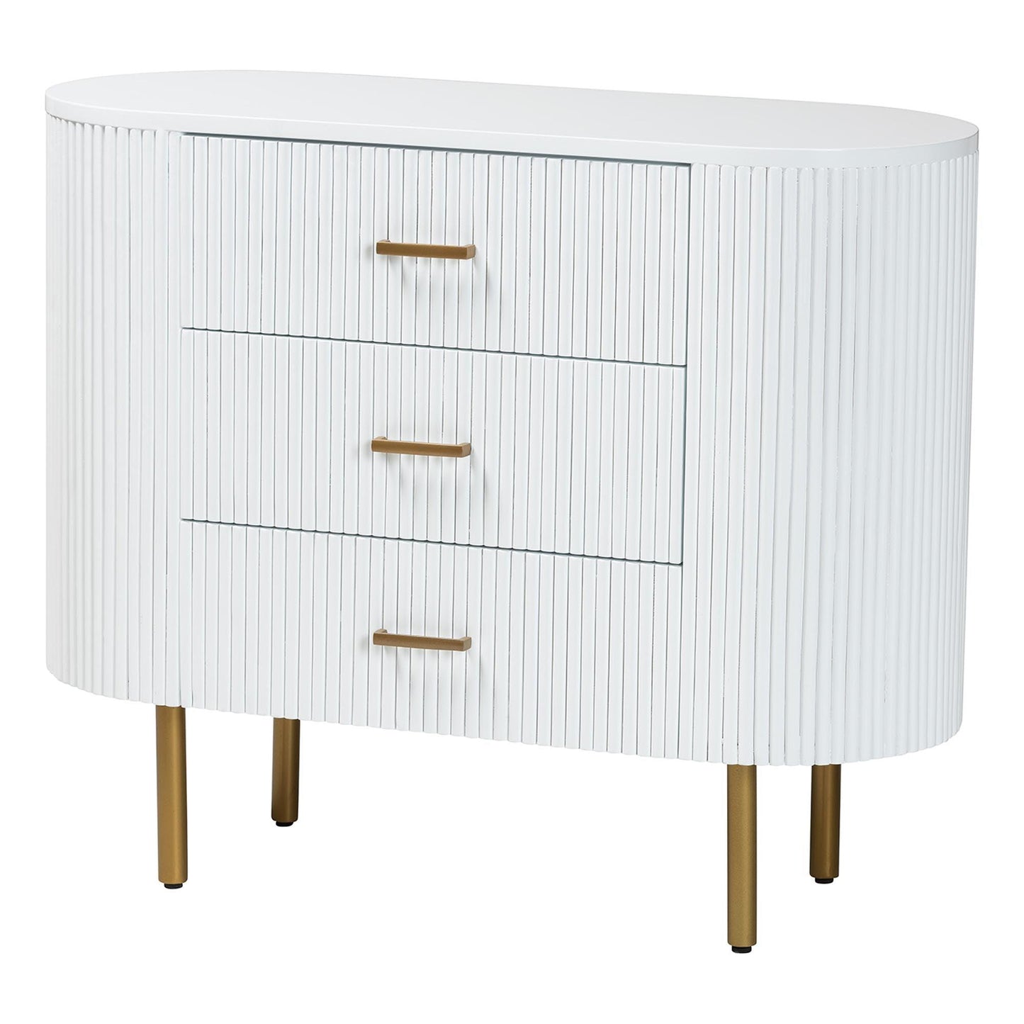bali & pari Beyla Mid-Century White Fluted Wood and Gold Metal 3-Drawer Dresser FredCo