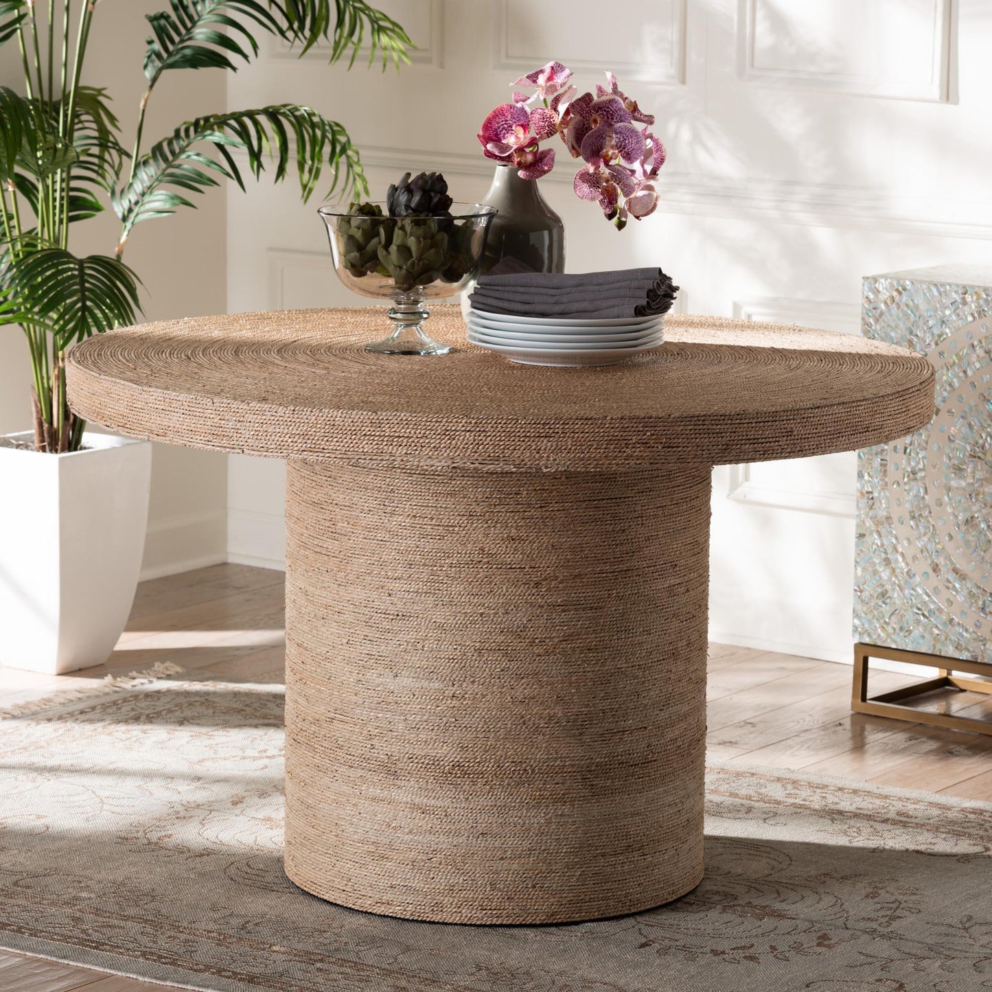 bali & pari Bistra Modern Bohemian Natural Brown Seagrass and Wood Dining Table FredCo