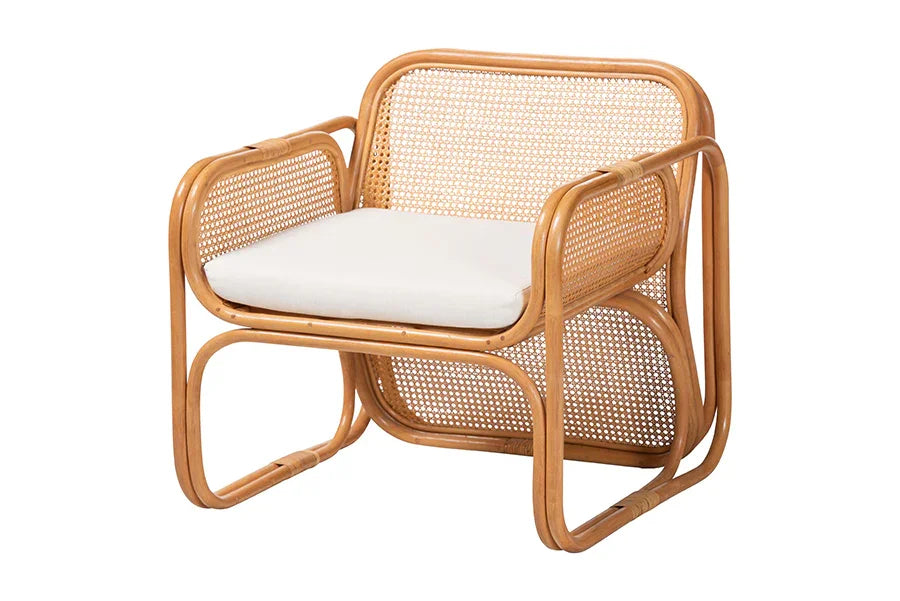 bali & pari Cambridge Natural Rattan Armchair - Handcrafted Lounge Chair with Cushion, Rounded Frame with Cane Woven Panels, Accent Seating for Living Room or Sunroom FredCo