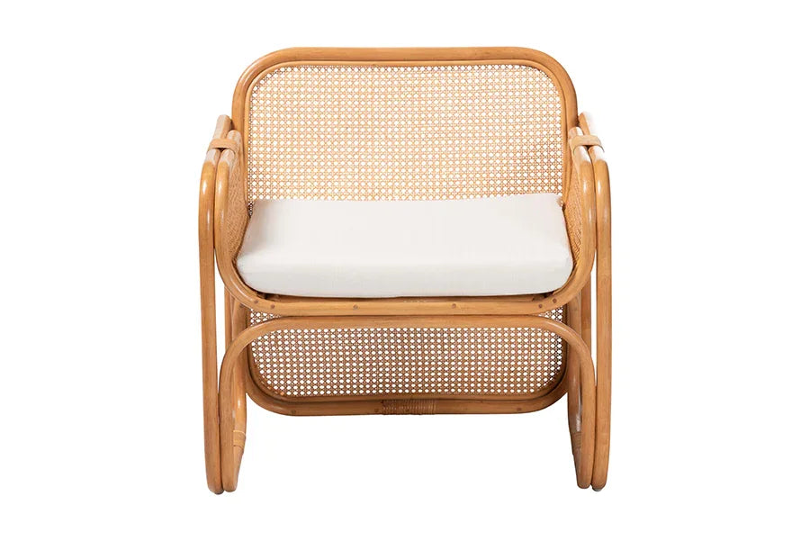 bali & pari Cambridge Natural Rattan Armchair - Handcrafted Lounge Chair with Cushion, Rounded Frame with Cane Woven Panels, Accent Seating for Living Room or Sunroom FredCo