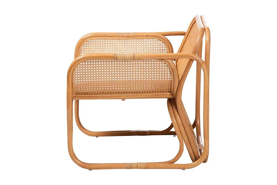 bali & pari Cambridge Natural Rattan Armchair - Handcrafted Lounge Chair with Cushion, Rounded Frame with Cane Woven Panels, Accent Seating for Living Room or Sunroom FredCo