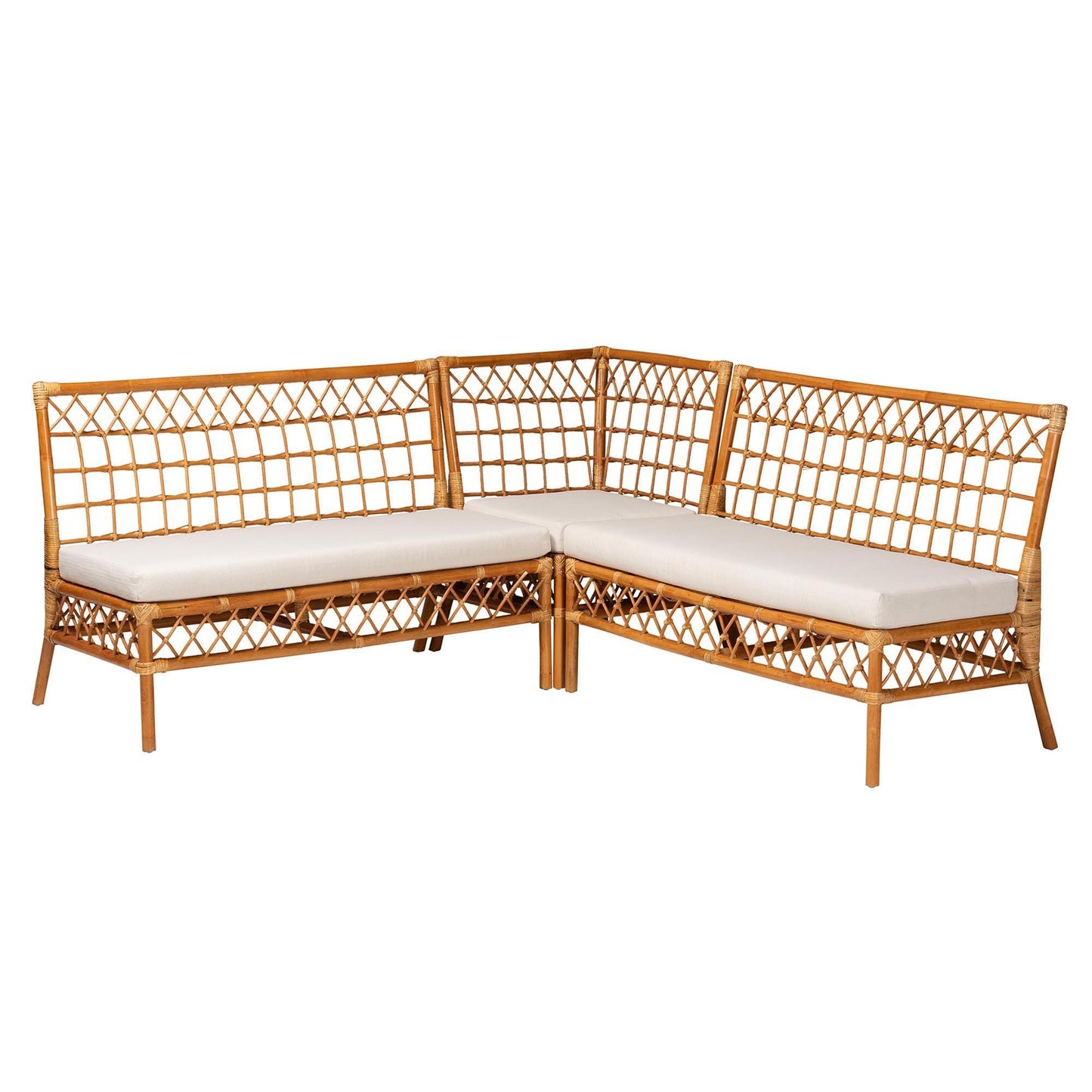 bali & pari Capella Modern Bohemian Honey Rattan 3-Piece Dining Nook Banquette Set FredCo