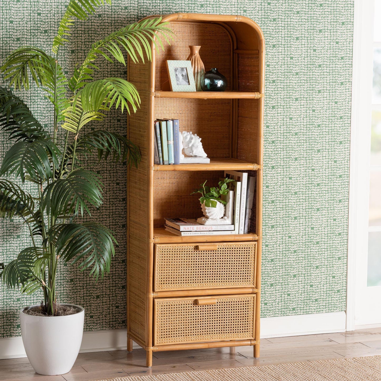 bali & pari Curacao Modern Bohemian Light Honey Rattan 2-Drawer Bookcase FredCo