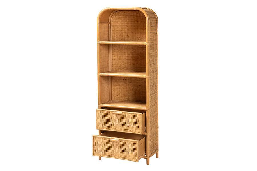 bali & pari Curacao Modern Bohemian Light Honey Rattan 2-Drawer Bookcase FredCo