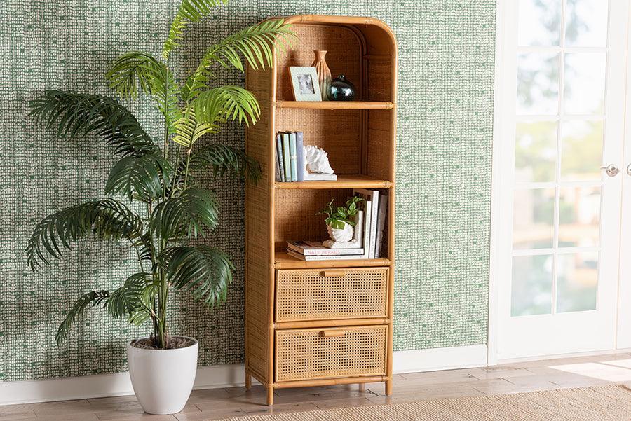 bali & pari Curacao Modern Bohemian Light Honey Rattan 2-Drawer Bookcase FredCo
