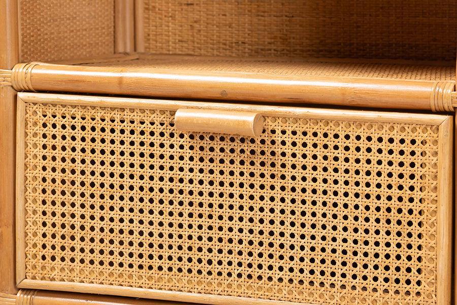 bali & pari Curacao Modern Bohemian Light Honey Rattan 2-Drawer Bookcase FredCo