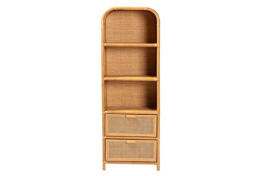 bali & pari Curacao Modern Bohemian Light Honey Rattan 2-Drawer Bookcase FredCo