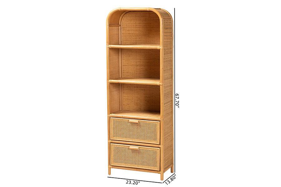 bali & pari Curacao Modern Bohemian Light Honey Rattan 2-Drawer Bookcase FredCo