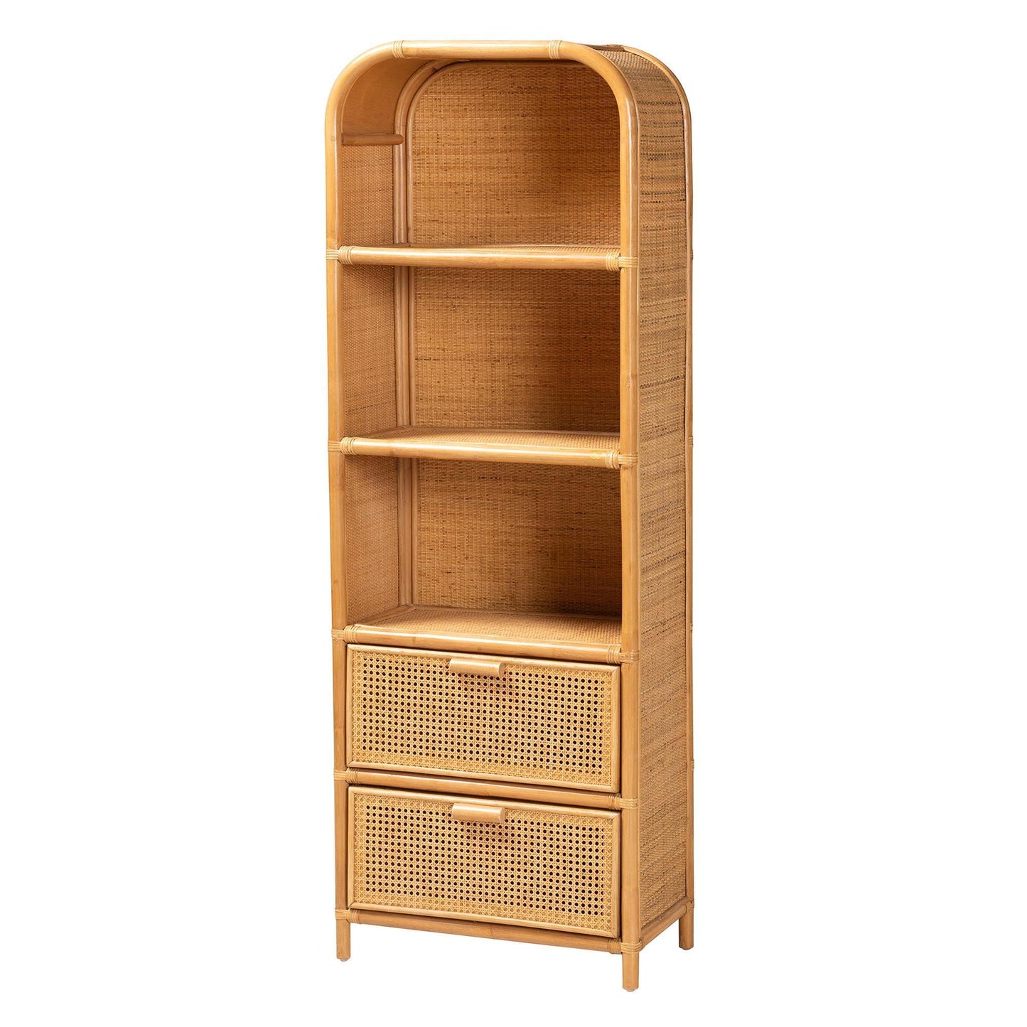 bali & pari Curacao Modern Bohemian Light Honey Rattan 2-Drawer Bookcase FredCo