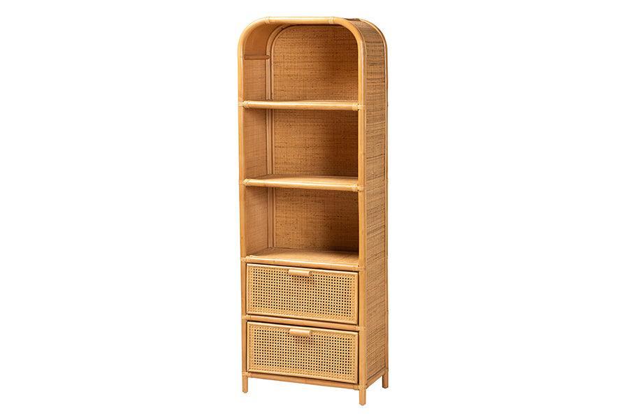 bali & pari Curacao Modern Bohemian Light Honey Rattan 2-Drawer Bookcase FredCo