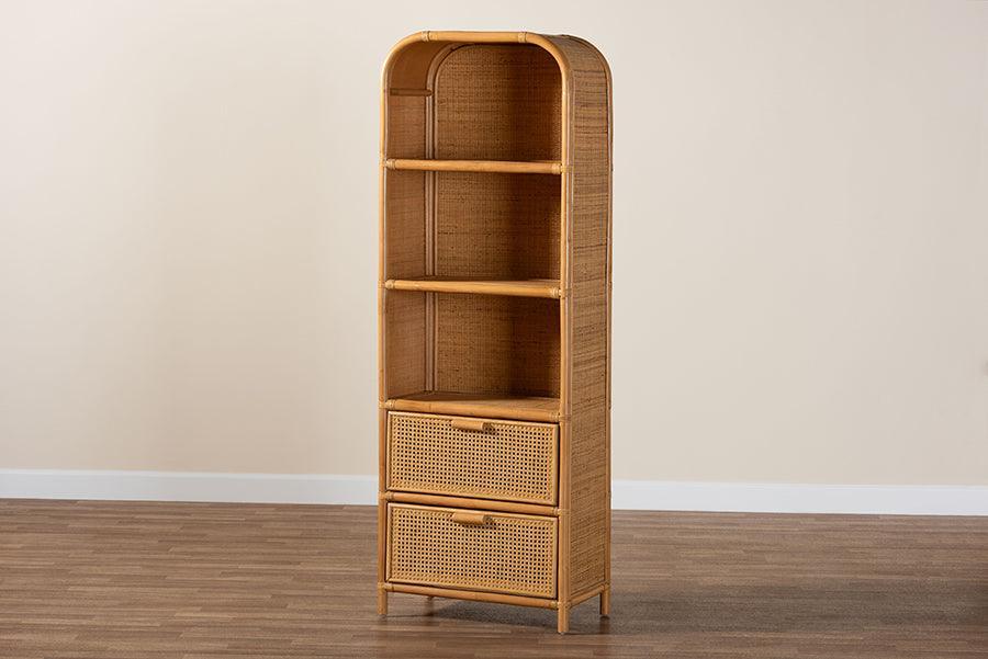 bali & pari Curacao Modern Bohemian Light Honey Rattan 2-Drawer Bookcase FredCo
