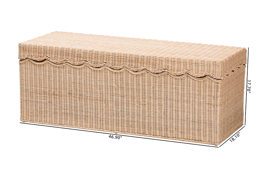 bali & pari Damita Scallop Natural Rattan Chest with Lift-top Lid - Coastal Boho Style Storage Bench for Bedroom, Entryway, or Living Room Organization FredCo