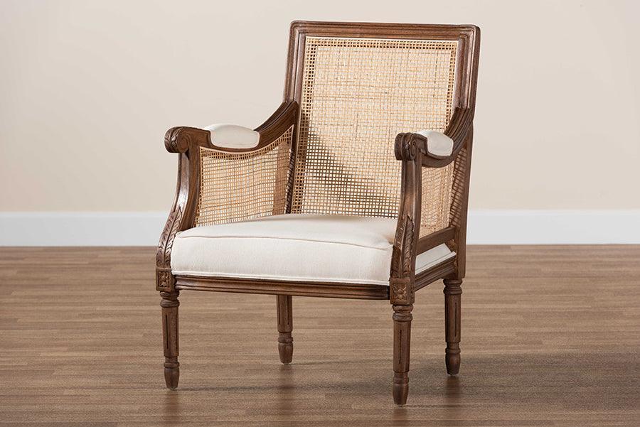 bali & pari Desmond Traditional French Beige Fabric and Walnut Brown Finished Wood Accent Chair FredCo
