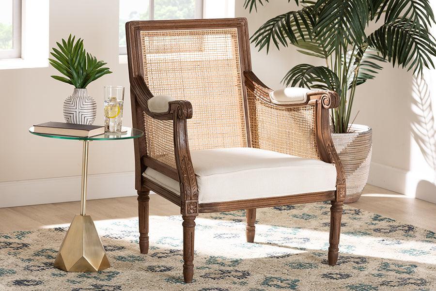bali & pari Desmond Traditional French Beige Fabric and Walnut Brown Finished Wood Accent Chair FredCo