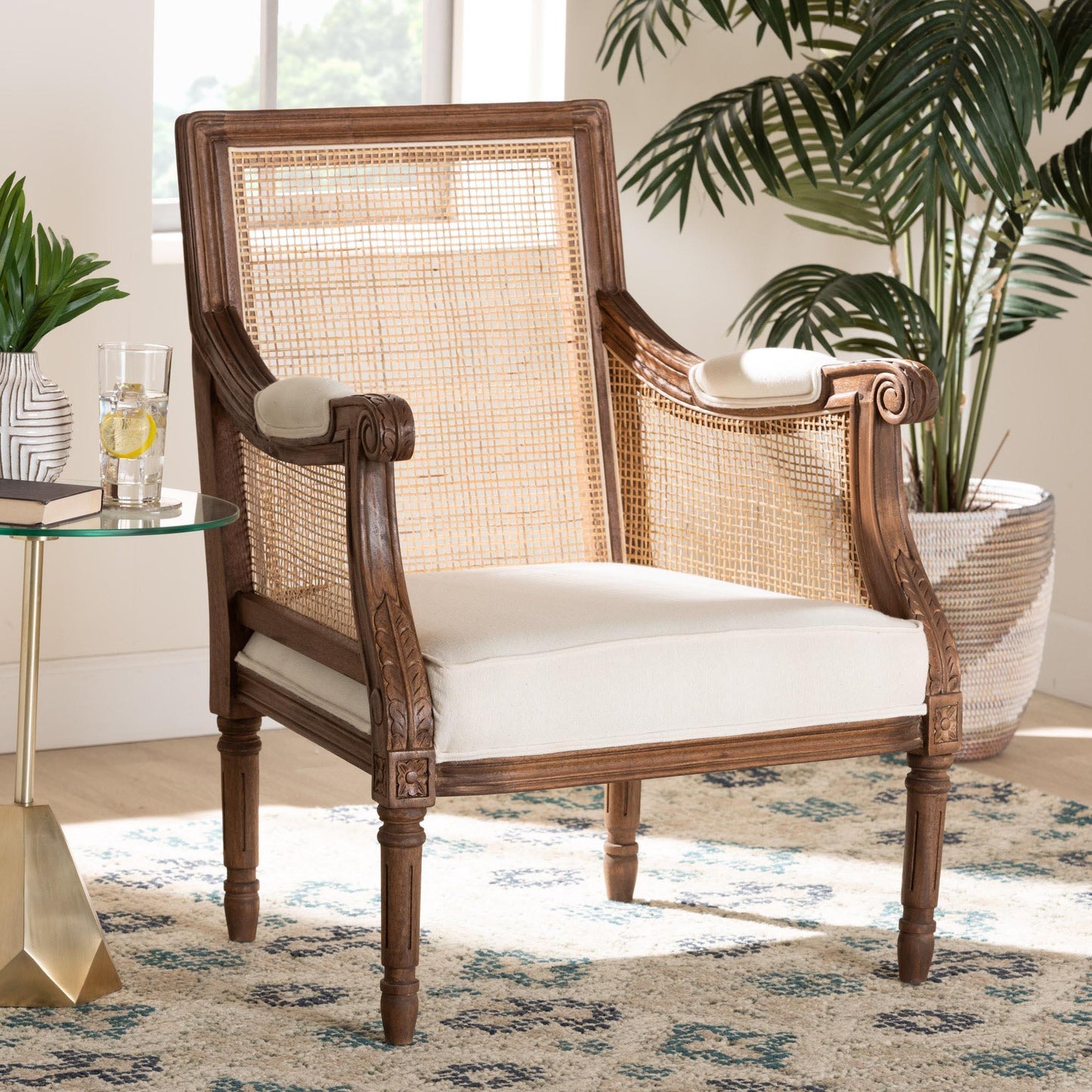 bali & pari Desmond Traditional French Beige Fabric and Walnut Brown Finished Wood Accent Chair FredCo