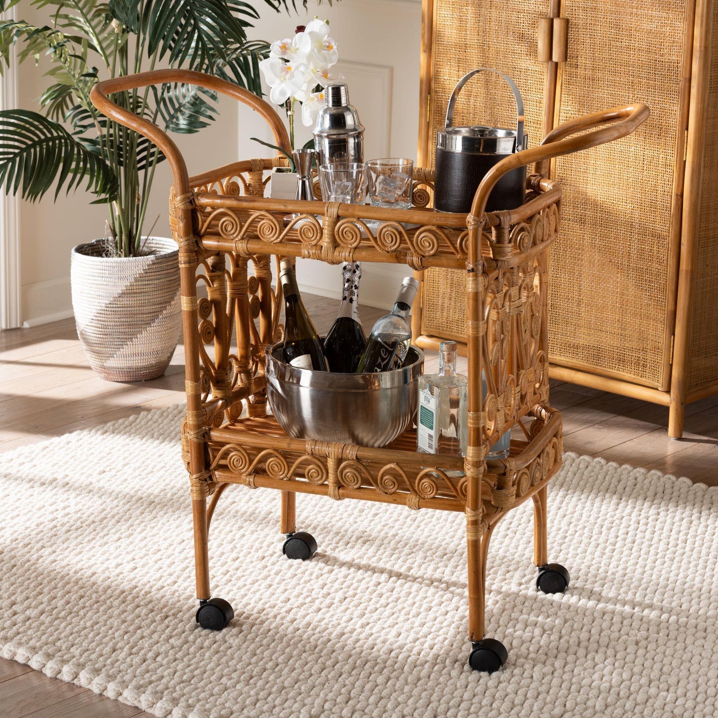 bali & pari Diwata Modern Bohemian Natural Brown Rattan Kitchen Cart FredCo