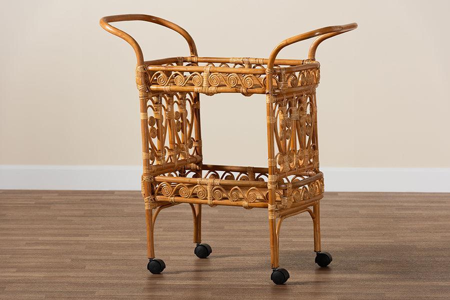 bali & pari Diwata Modern Bohemian Natural Brown Rattan Kitchen Cart FredCo