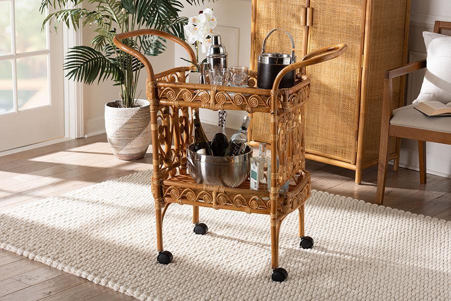 bali & pari Diwata Modern Bohemian Natural Brown Rattan Kitchen Cart FredCo