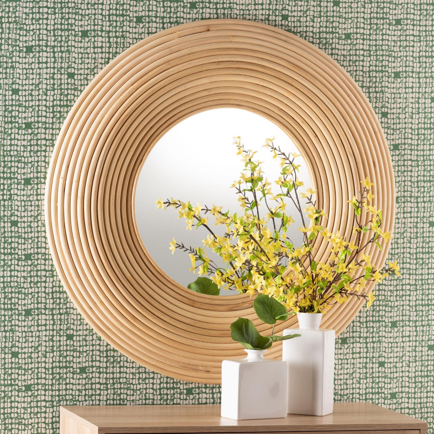 bali & pari Drucilla Modern Bohemian Natural Brown Rattan Round Accent Wall Mirror FredCo