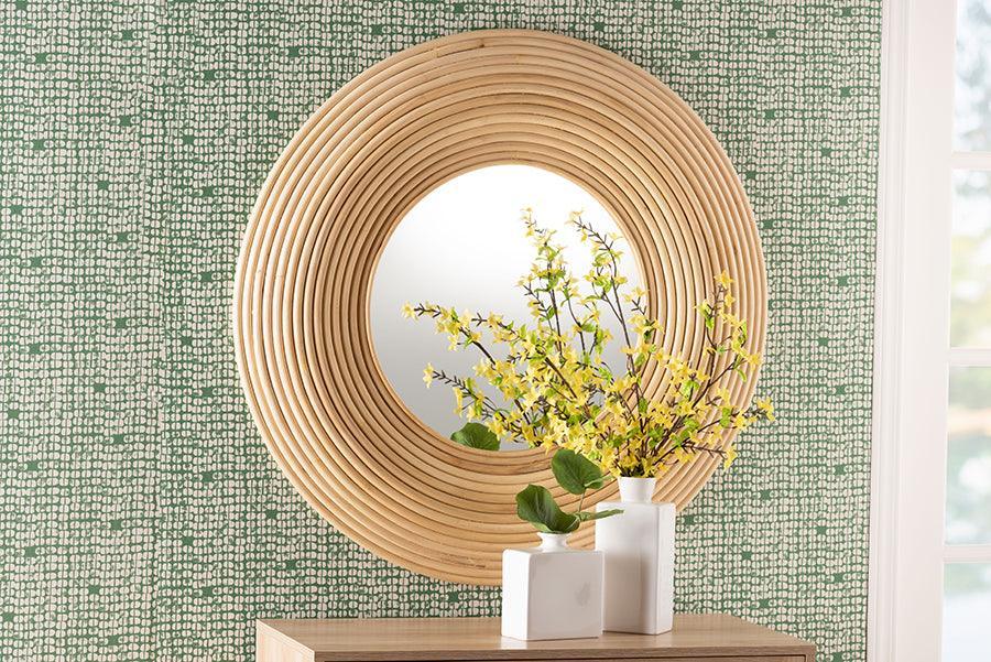 bali & pari Drucilla Modern Bohemian Natural Brown Rattan Round Accent Wall Mirror FredCo