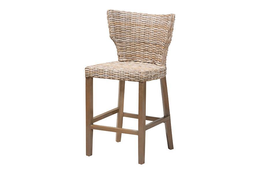 bali & pari Enver Modern Bohemian Grey Kubu Rattan and Mahogany Wood Counter Stool FredCo