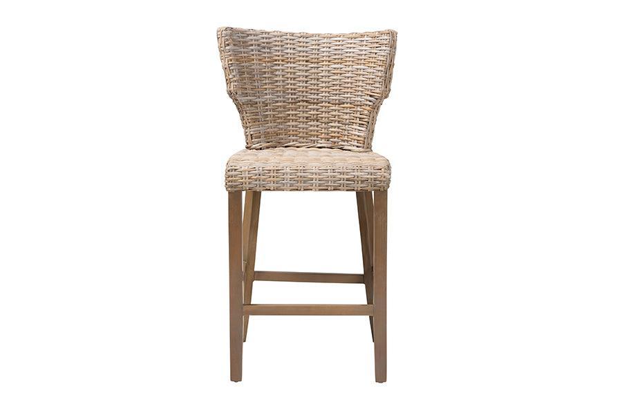 bali & pari Enver Modern Bohemian Grey Kubu Rattan and Mahogany Wood Counter Stool FredCo