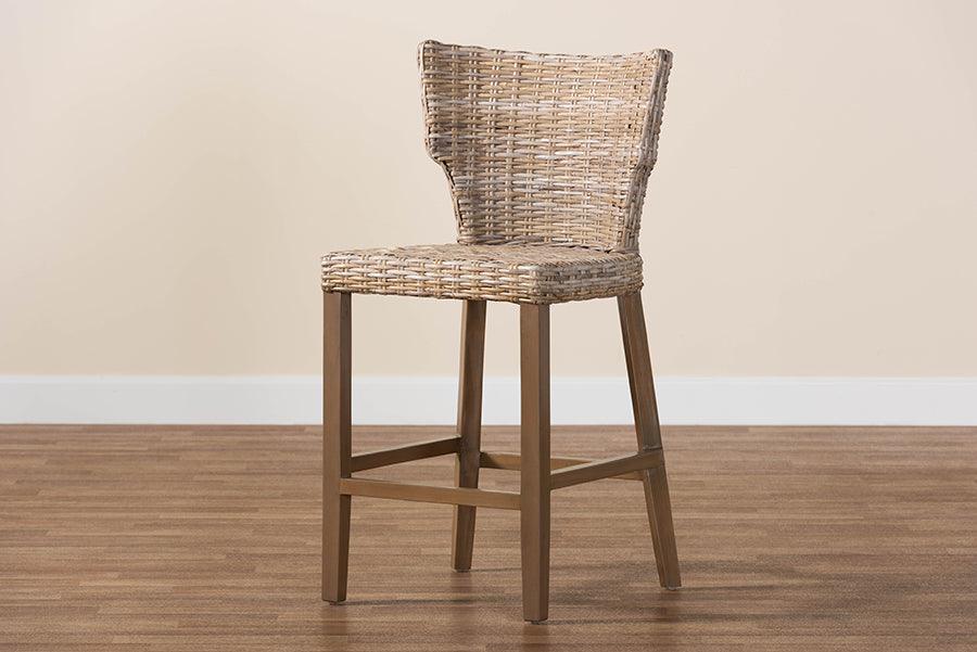 bali & pari Enver Modern Bohemian Grey Kubu Rattan and Mahogany Wood Counter Stool FredCo