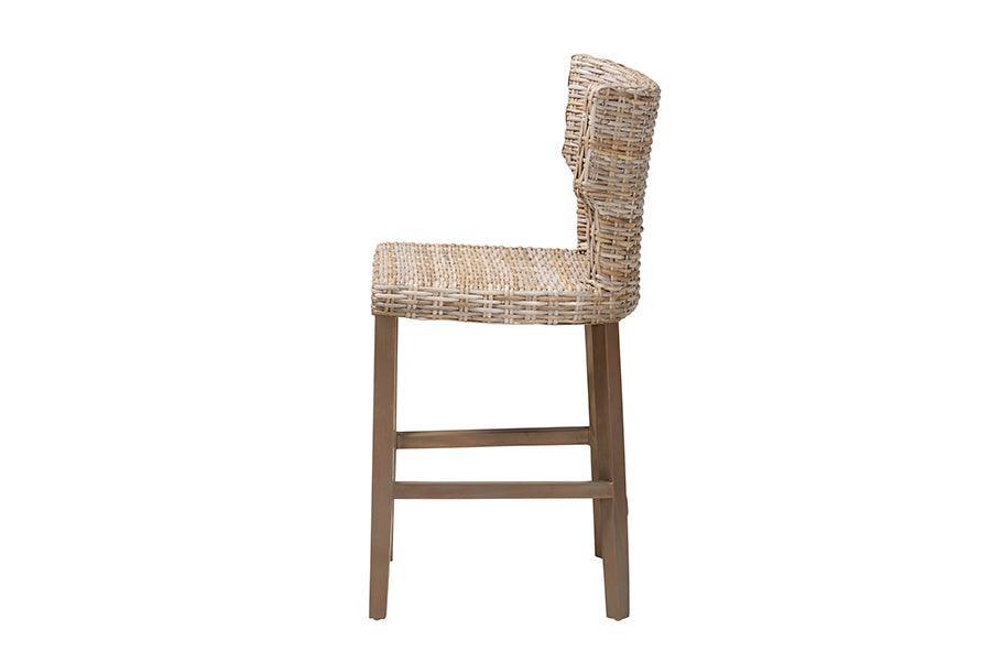 bali & pari Enver Modern Bohemian Grey Kubu Rattan and Mahogany Wood Counter Stool FredCo