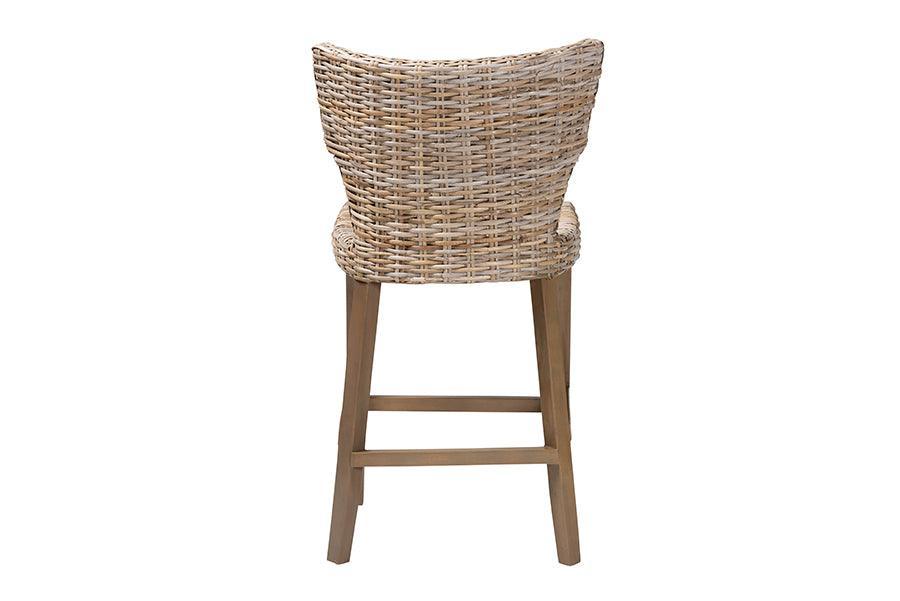 bali & pari Enver Modern Bohemian Grey Kubu Rattan and Mahogany Wood Counter Stool FredCo