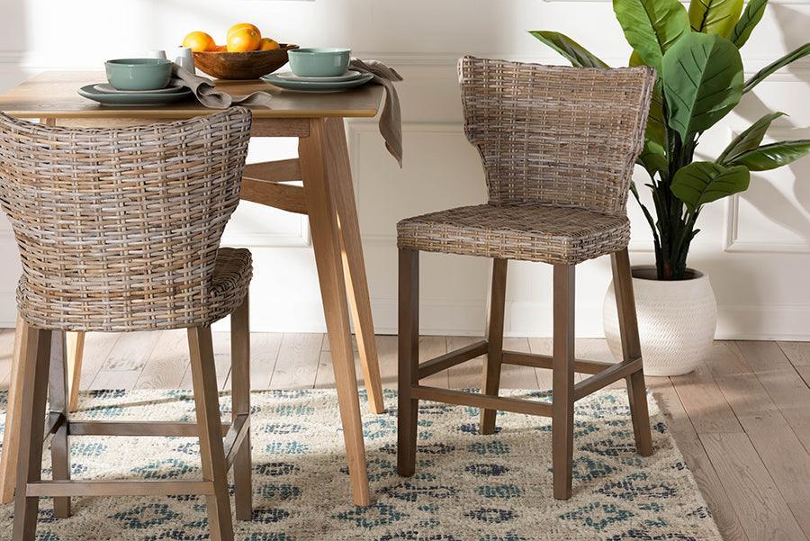 bali & pari Enver Modern Bohemian Grey Kubu Rattan and Mahogany Wood Counter Stool FredCo