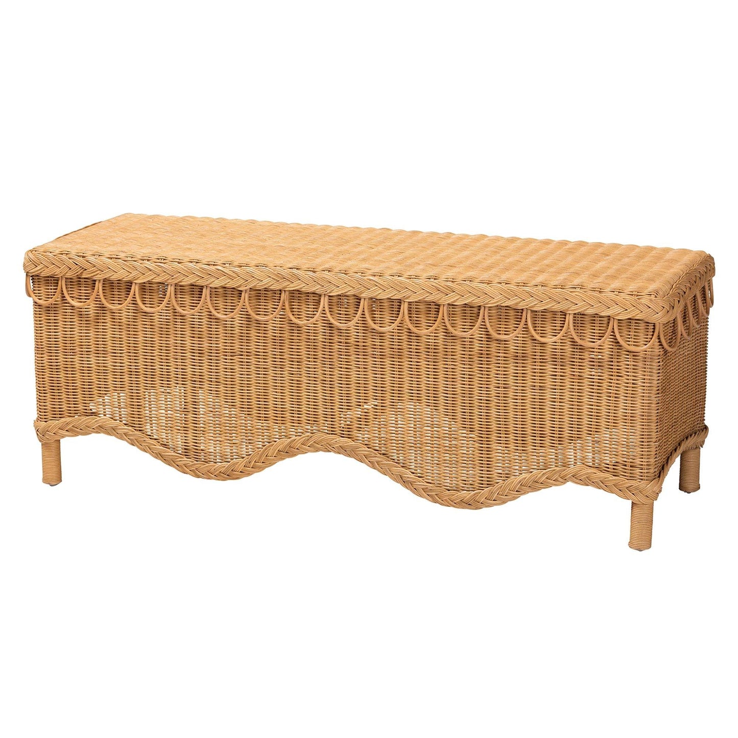 bali & pari Erla Bohemian Light Honey Rattan Accent Bench with Scallop border FredCo