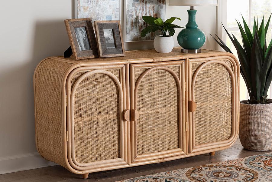 bali & pari Evania Bohemian Natural Rattan 3-Door Storage Cabinet FredCo
