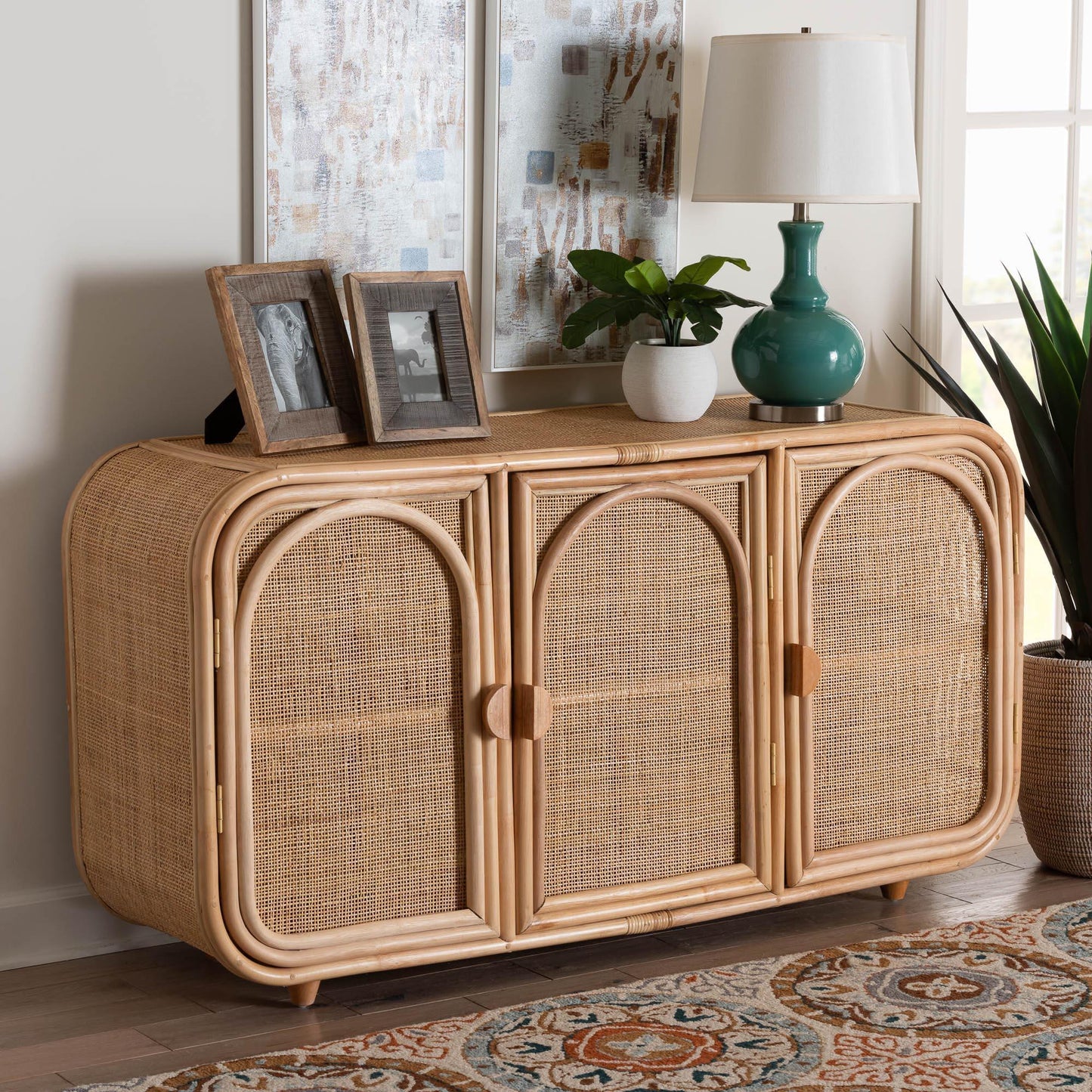 bali & pari Evania Bohemian Natural Rattan 3-Door Storage Cabinet FredCo