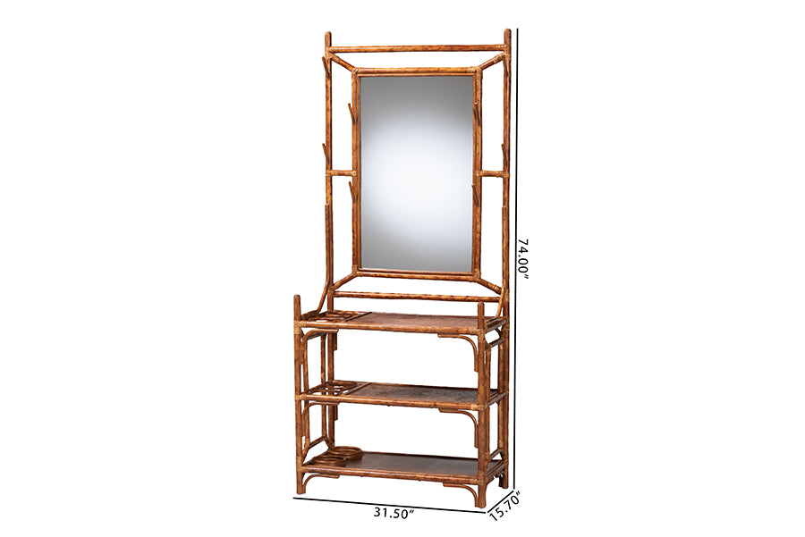 Tall bamboo hall tree with mirror and three shelves, furniture by FredCo International