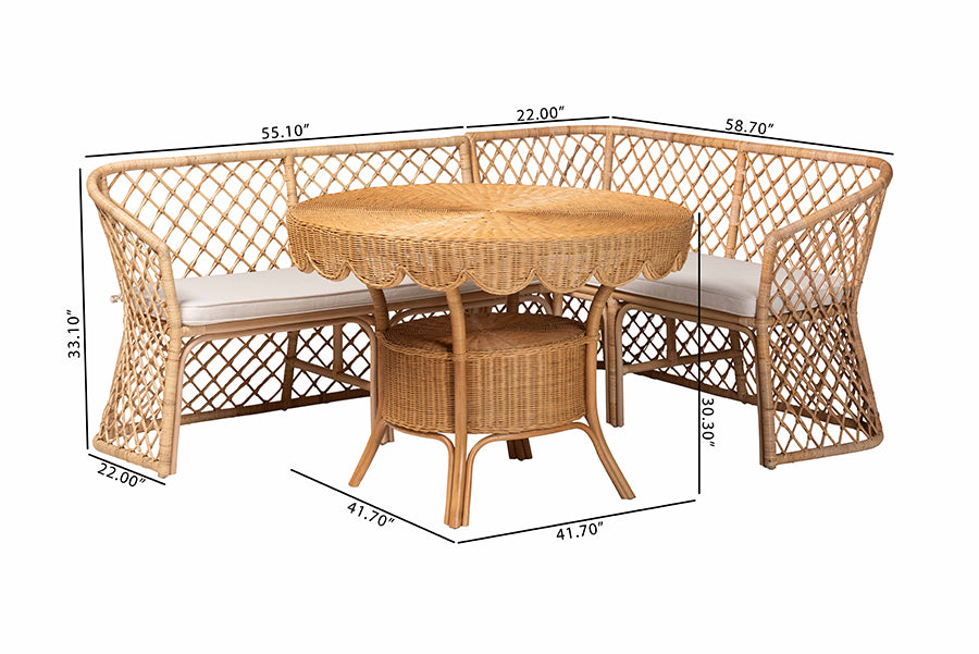 bali & pari Frayne Bohemian Light Honey Rattan 3-Piece Dining Nook Set FredCo