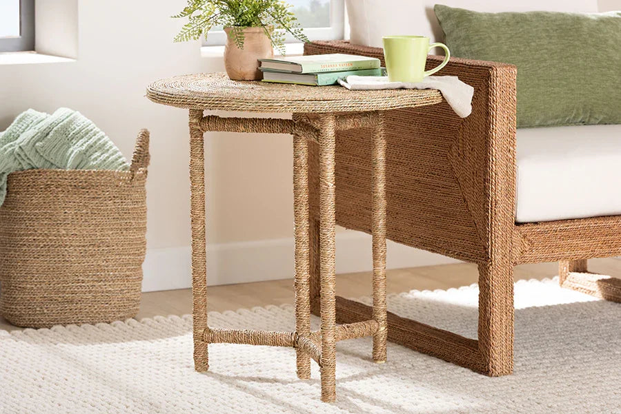 bali & pari Fumito Handwoven Seagrass End Table - Round Boho Side Table with Wrapped Frame, Handmade Coastal Décor for Living Room or Sun Room FredCo