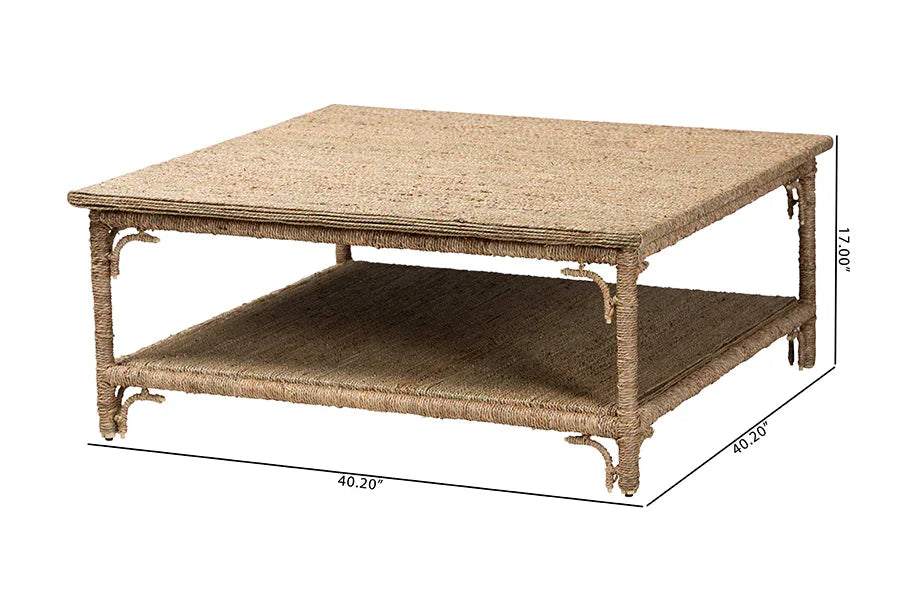 bali & pari Ganit Handwoven Seagrass Coffee Table - Square Center Table with Wrapped Frame and Lower Shelf, Coastal Boho Accent Furniture for Living Room or Lounge FredCo