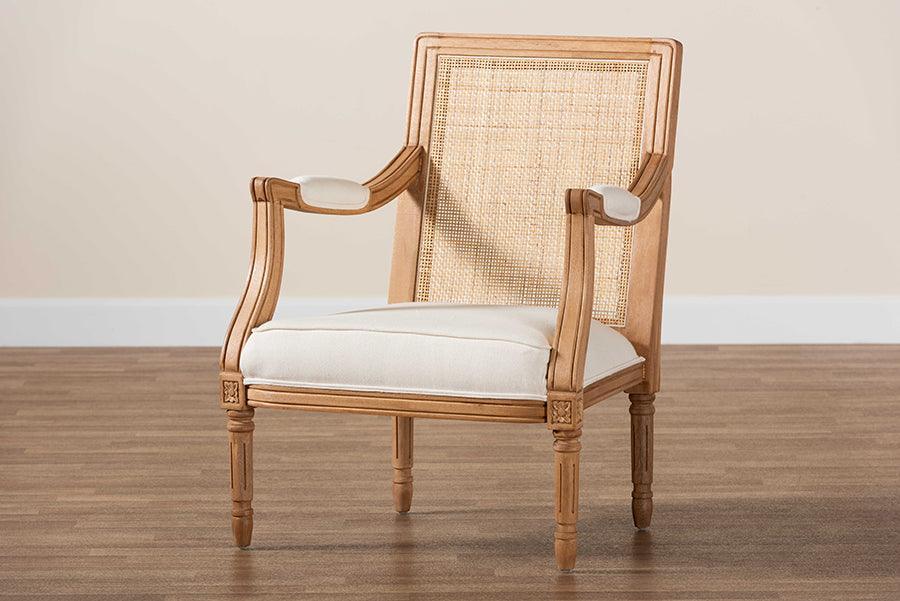 bali & pari Garridan Traditional French Beige Fabric and Honey Oak Finished Wood Accent Chair FredCo