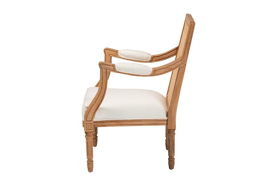 bali & pari Garridan Traditional French Beige Fabric and Honey Oak Finished Wood Accent Chair FredCo