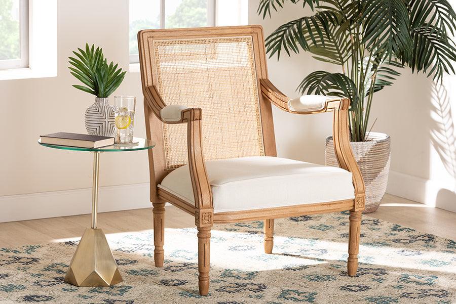 bali & pari Garridan Traditional French Beige Fabric and Honey Oak Finished Wood Accent Chair FredCo