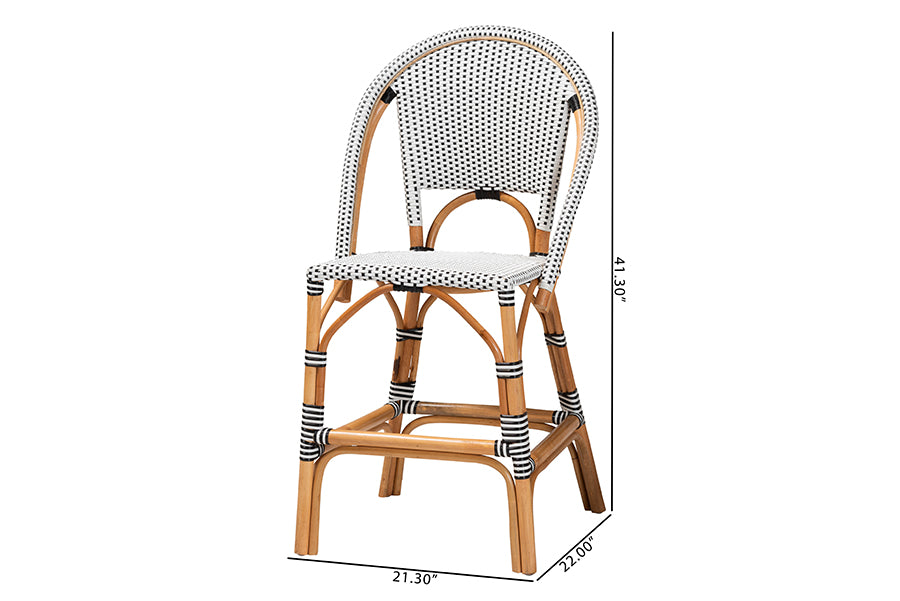 bali & pari Genica Classic French Two-Tone Black and White Weaving and Natural Rattan 2-Piece Counter Stool Set FredCo