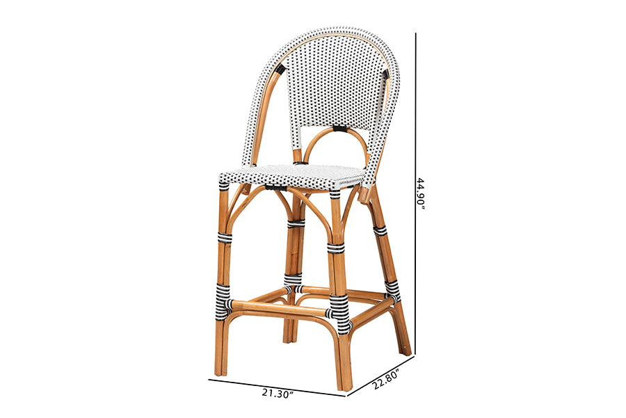 bali & pari Genica Classic French Two-Tone Black and White Weaving and Natural Rattan Bar Stool FredCo