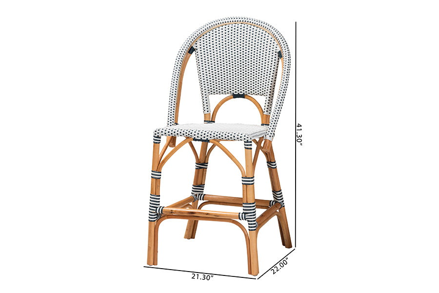 bali & pari Genica Classic French Two-Tone Navy and White Weaving and Natural Rattan 2-Piece Counter Stool Set FredCo