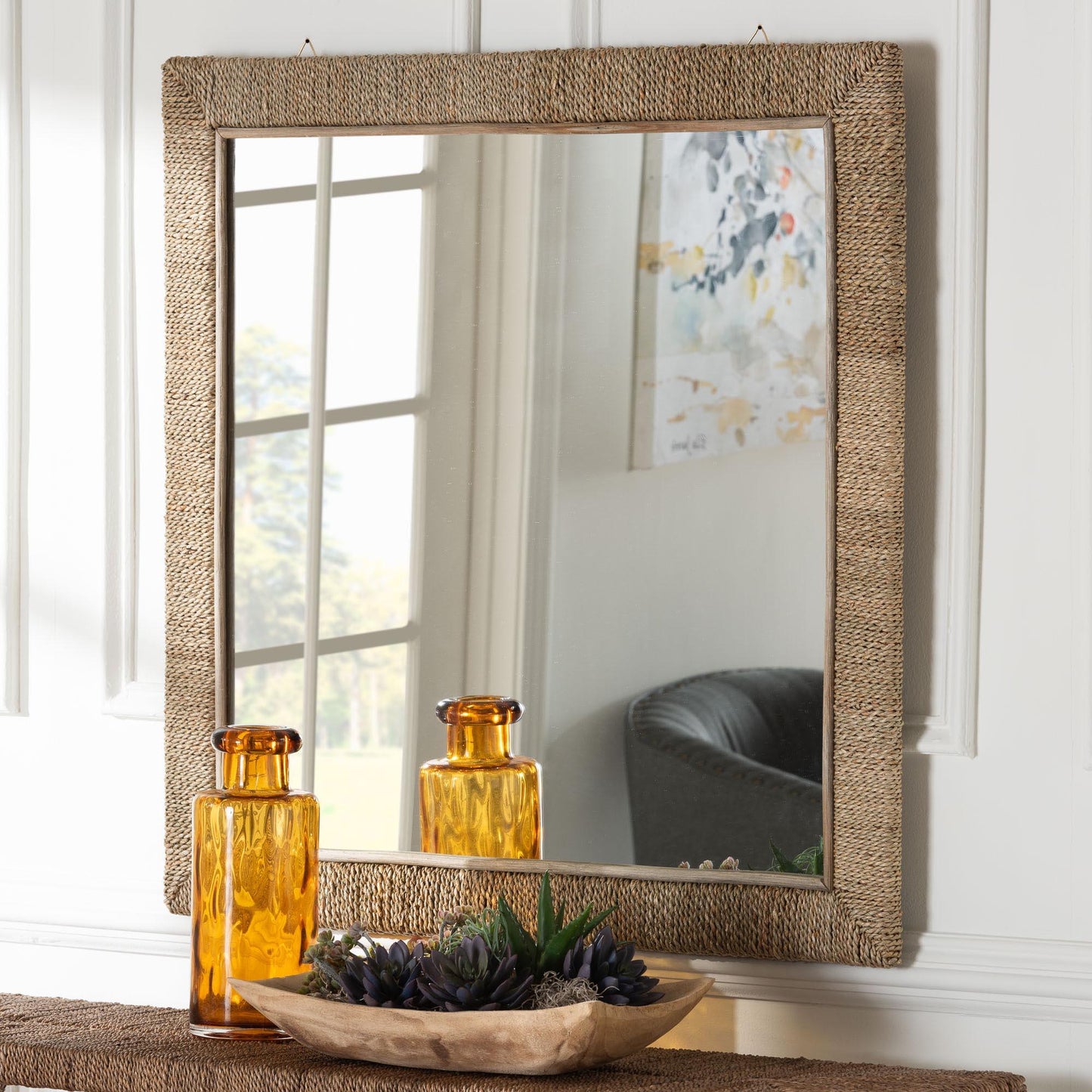 bali & pari Geralyn Japandi Natural Seagrass Square Wall Mirror FredCo