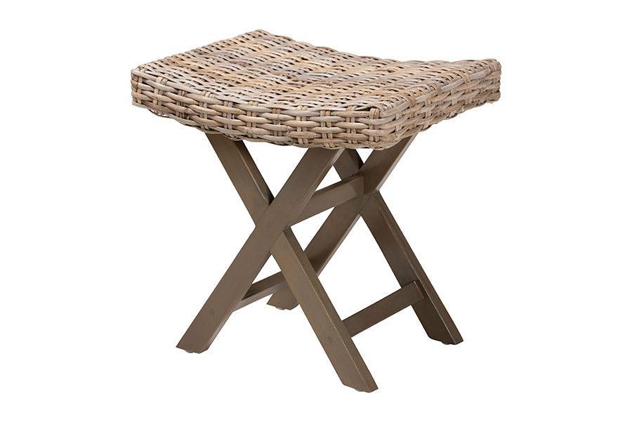 bali & pari Hayate Bohemian Grey Kubu Rattan and Mahogany Wood Ottoman Footstool FredCo