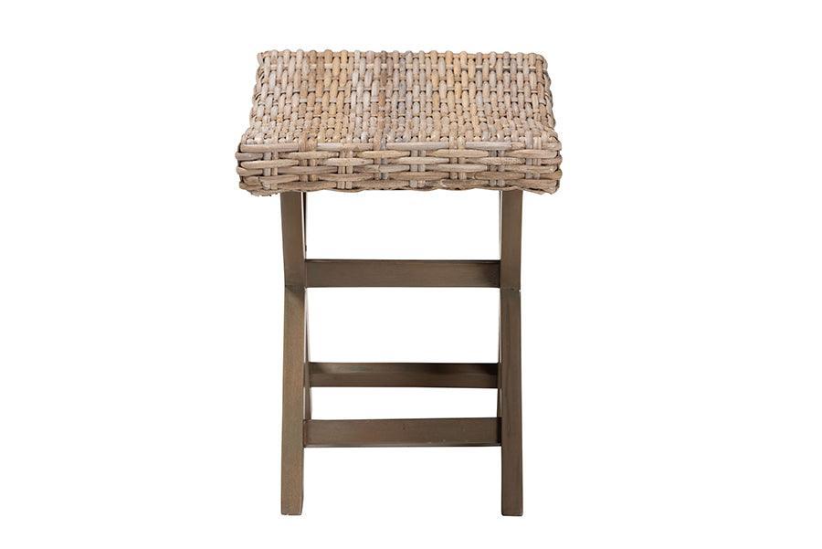 bali & pari Hayate Bohemian Grey Kubu Rattan and Mahogany Wood Ottoman Footstool FredCo