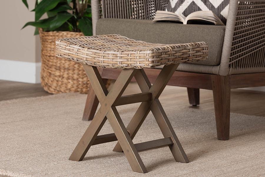 bali & pari Hayate Bohemian Grey Kubu Rattan and Mahogany Wood Ottoman Footstool FredCo