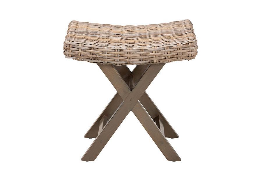 bali & pari Hayate Bohemian Grey Kubu Rattan and Mahogany Wood Ottoman Footstool FredCo