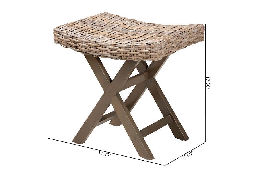 bali & pari Hayate Bohemian Grey Kubu Rattan and Mahogany Wood Ottoman Footstool FredCo